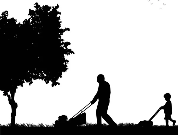 Grandson Helps Grandfather Mow Grass One Series Similar Images Silhouette — Stock Vector