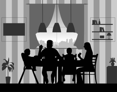 Eve bir sahne silueti vardı bir aile zevk onların öğle veya akşam yemeği, benzer görüntüleri dizi
