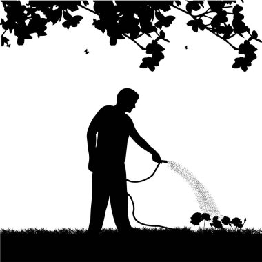 Genç bahçıvan çiçekler, gül bahar siluet hortum ile sulama