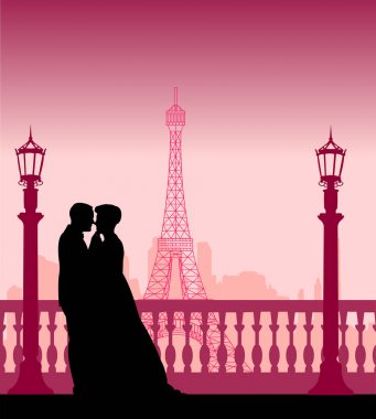 paris siluet, benzer görüntüleri dizi içinde düğün çifti önünde eiffel tower