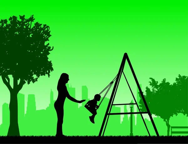 公園のブランコに乗る子供をスイングの母 同様のシリーズの つはシルエットを画像します — ストックベクタ
