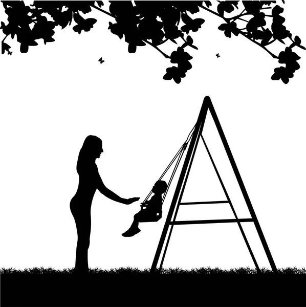 母亲荡秋千的孩子在公园里摇摆 一个在一系列相似的图像剪影 — 图库矢量图片