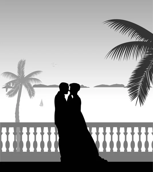 Свадебная Пара Жених Невеста Берегу Моря Пальмами Пляже Силуэт Один — стоковый вектор