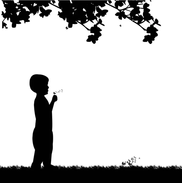 Garçon Soufflant Pissenlit Dans Parc Sous Silhouette Arbre Dans Série — Image vectorielle