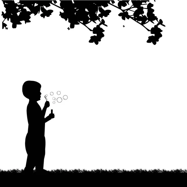 Boy Blowing Soap Bubbles Park Spring Silhouette One Series Similar — Stock Vector