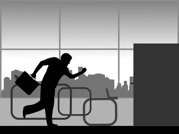 Man Hurries Work Runs Out Office Silhouette — Stock Vector