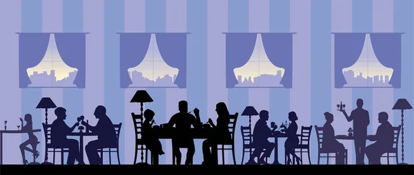 個別のオブジェクト階層化 類似画像のシリーズの つとしてすべての数字とレストランで食べている人のシルエット — ストックベクタ