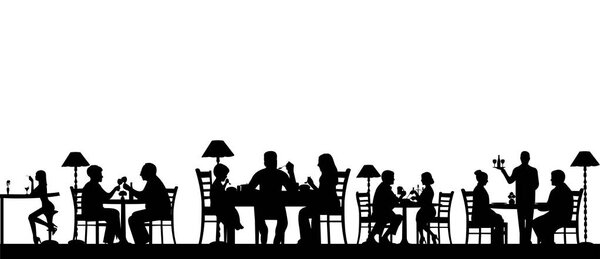 Silhouette of people eating in a restaurant with all figures as separate objects, one in the series of similar images