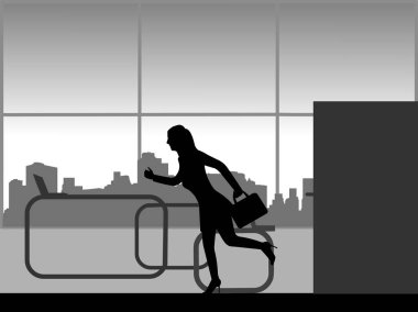 Kadın iş yerinde geç içine ve ofis, benzer görüntüler siluet dizi 