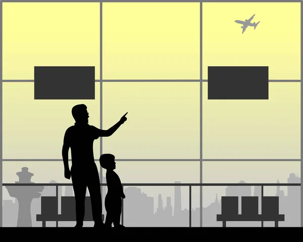 父と同様のイメージ シルエットのシリーズの 空港での飛行機少年を示しています — ストックベクタ