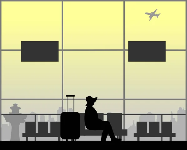 여자는 그녀의 비행기는 공항에 비슷한 이미지 실루엣의 시리즈에서 하나에 — 스톡 벡터