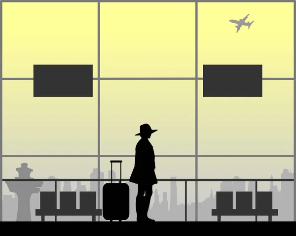 一个年轻漂亮的女孩正在等待她的航班到机场 一个在一系列类似的图像剪影 — 图库矢量图片