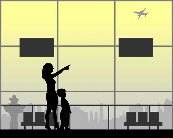 Anne Çocuk Uçak Havaalanında Benzer Görüntüler Siluet Dizi Uçan Gösterir — Stok Vektör