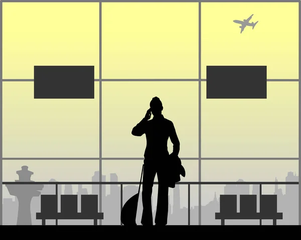 一个妇女在机场的电话 而等待她的飞行 一个在一系列类似的图像剪影 — 图库矢量图片
