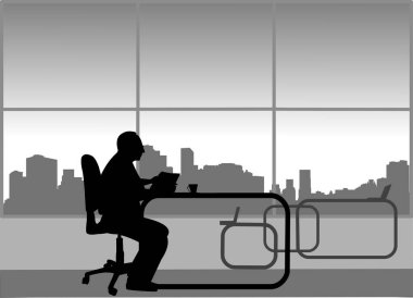 Güzel yaşlı bir adam kahve içer ve ofiste ara, benzer görüntüleri silueti serideki bir gazetede okur