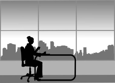 Güzel bayanı kahve içer ve ofiste ara, benzer görüntüleri silueti serideki bir gazetede okur