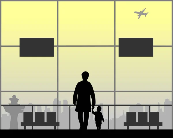 おばあちゃんと孫の空港で同様のイメージ シルエットのシリーズの 彼らの飛行を待っている間歩行 — ストックベクタ