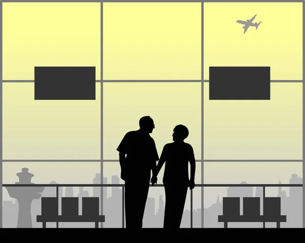 Elderly Couple Love Waiting Flight Airport One Series Similar Images — Stock Vector