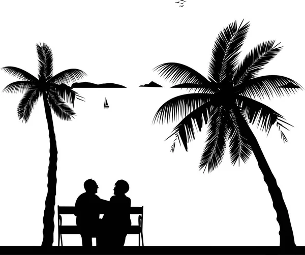 Lovely Retired Elderly Couple Sitting Bench Beach One Series Similar — Stock Vector