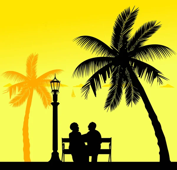 素敵なビーチにベンチ 類似画像シルエットのシリーズの つに座っている高齢者のカップルを引退 — ストックベクタ