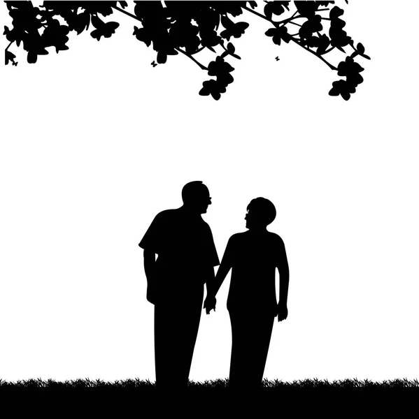 素敵な引退した老夫婦と同様のイメージ シルエットのシリーズの 公園を散歩して — ストックベクタ