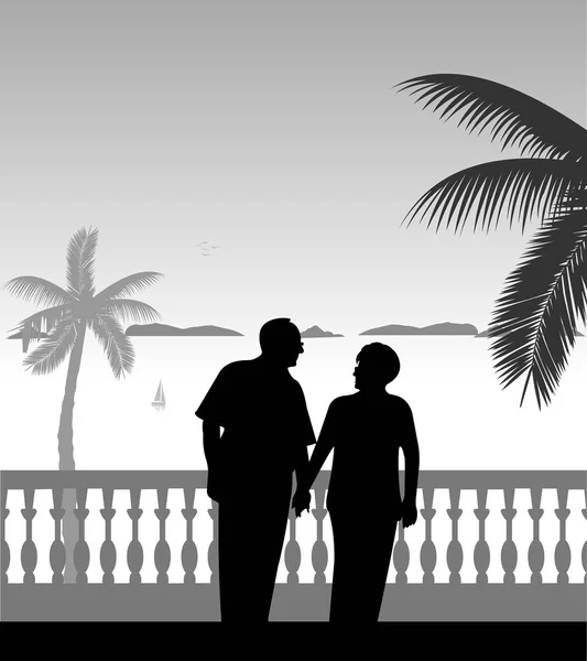 可爱的退休老夫妇走在沙滩上 一系列的类似的图像轮廓 — 图库矢量图片