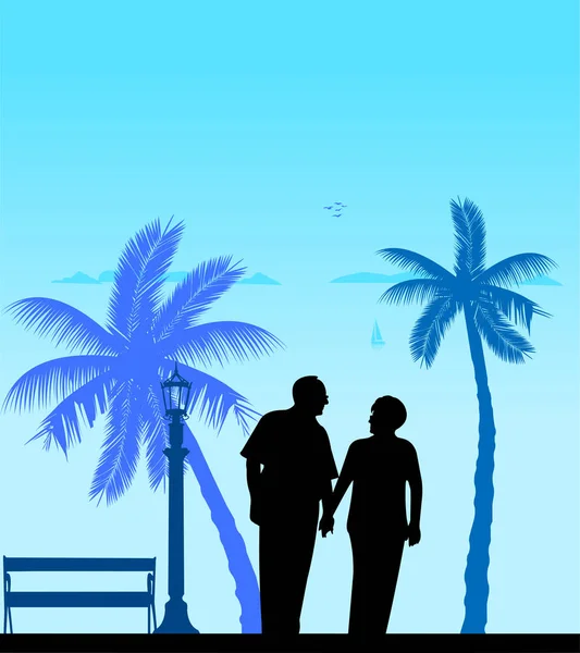可爱的退休老夫妇走在沙滩上 一系列的类似的图像轮廓 — 图库矢量图片