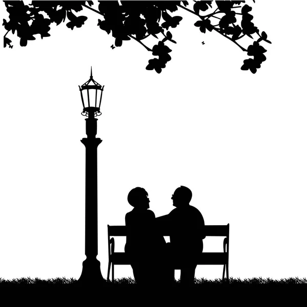 素敵な公園や庭のベンチ つのシリーズと同様の画像のシルエットの上に座っている高齢者のカップルを引退 ストックベクター
