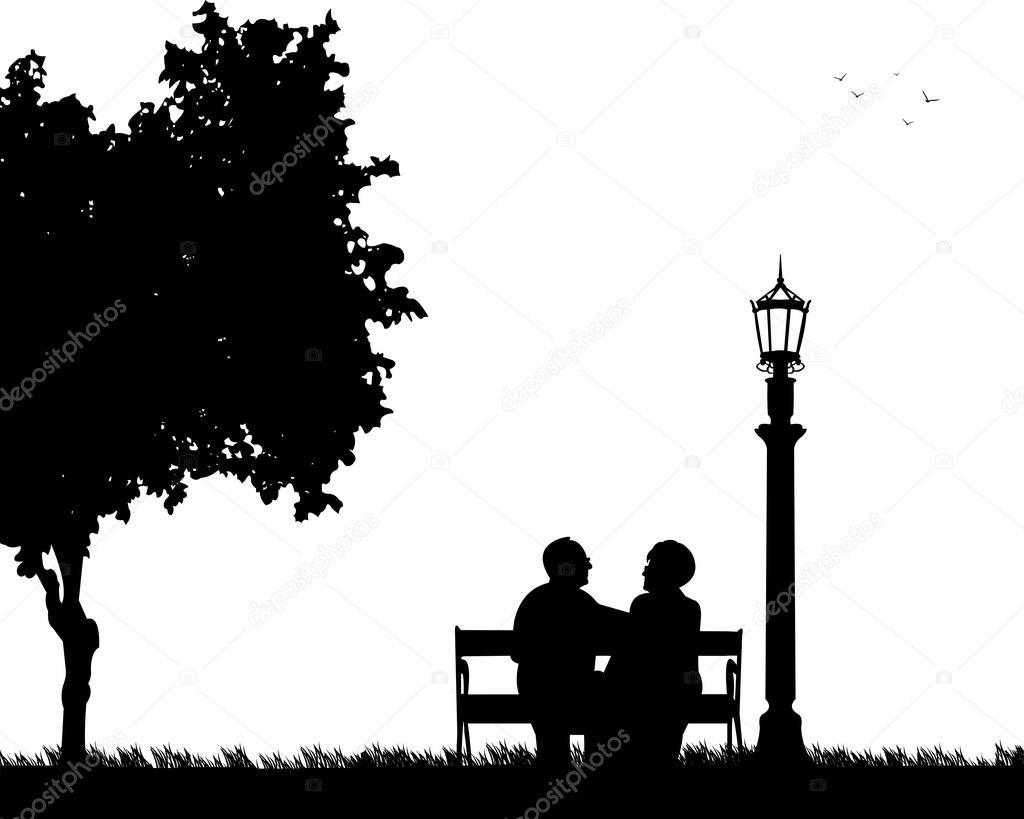 Lovely retired elderly couple sitting on bench in park or garden, one in the series of similar images silhouette