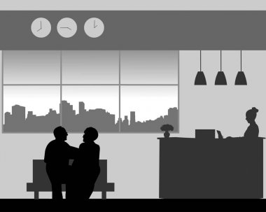 Lovely elderly couple walk in the lobby of the hotel, one in the series of similar images silhouette clipart