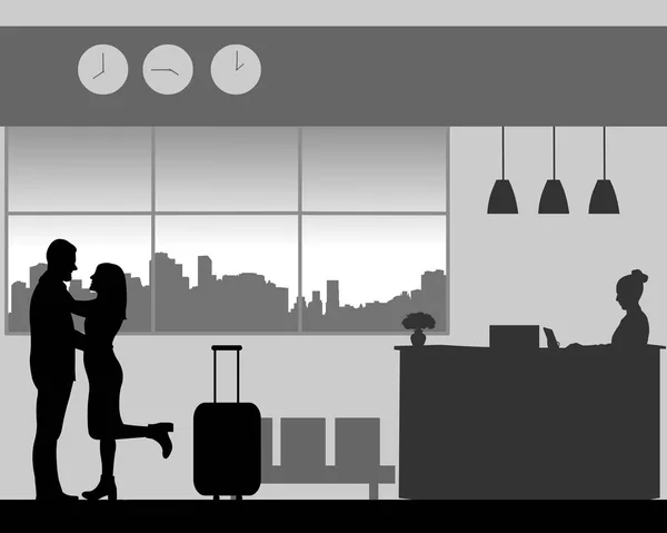 可爱的年轻夫妇站在酒店的剪影大厅蜷缩 — 图库矢量图片