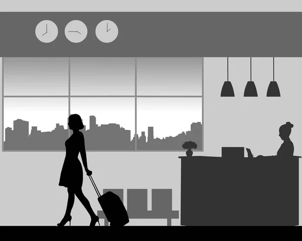Eine Geschäftsfrau Verlässt Das Hotel Mit Gepäck Eines Der Reihe — Stockvektor
