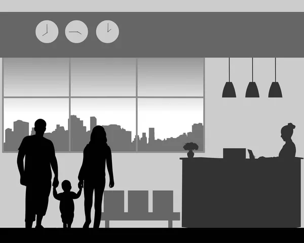 父母带着一个孩子走在酒店的大堂 一个在一系列相似的影像剪影中 — 图库矢量图片