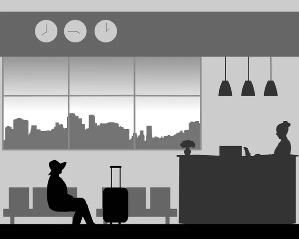 Girl Hat Sits Lobby Hotel Waits Silhouette — Stock Vector