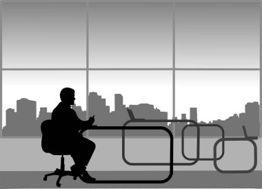 Genç seksi işadamı çalışma ofisinde, benzer görüntüler siluet dizi bilgisayarda