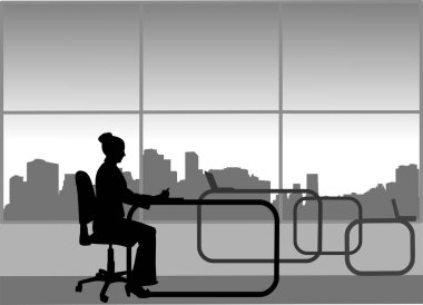 Genç seksi iş kadını çalışma ofisinde, benzer görüntüler siluet dizi bilgisayarda