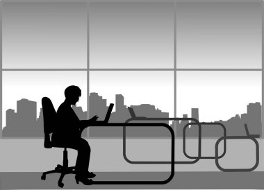 Yaşlı işkadını çalışma ofisinde, benzer görüntüler siluet dizi bilgisayarda