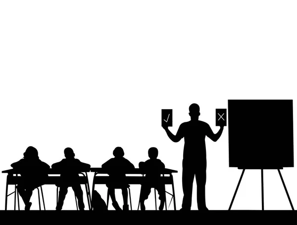 Young school teacher teaches the students and offers them a choice between correct or incorrect answer, one in the series of similar images silhouette