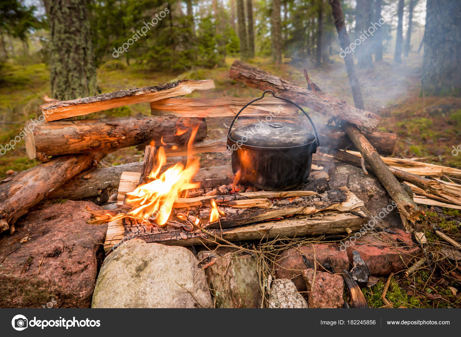 Cooking Pot Fire Outdoors Bushcraft Survival Setting Stock Photo