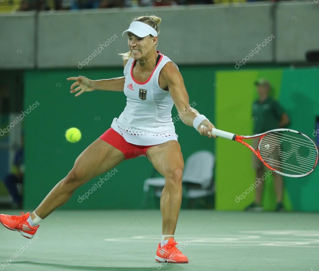 RIO DE JANEIRO, BRAZIL - AUGUST 13, 2016: Olympic silver medalist Angelique Kerber of Germany in action during tennis women's singles final of the Rio 2016 Olympic Games at the Olympic Tennis Centre