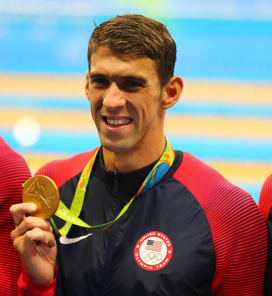 Olympic champion Michael Phelps of United States celebrates victory at the Men's 4x100m medley relay of the Rio 2016 