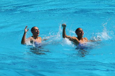 Senkronize yüzme duets ücretsiz rutin başlangıç Rio 2016 Olimpiyat Oyunları sırasında rekabet Anita Alvarez ve Mariya Koroleva takım Amerika Birleşik Devletleri 