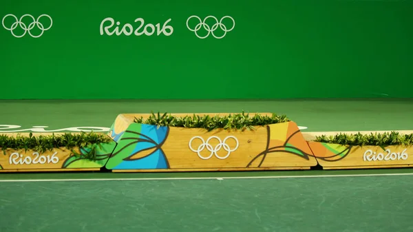 Medal podium during tennis men singles final medal ceremony at the Maria Esther Bueno Court of the Rio 2016 Olympic Games at the Olympic Tennis Centre — Stock Photo, Image