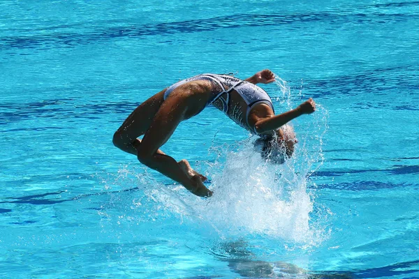 黄雪辰和太阳文彦的中国队在花样游泳二重奏免费常规初步里约 2016 年奥运会的竞争 — 图库照片
