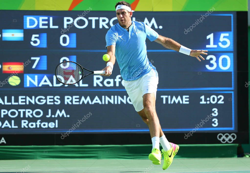 RIO DE JANEIRO, BRAZIL - AUGUST 13, 2016: Grand Slam champion Juan Martin Del Potro of Argentina in action during his semifinal match of the Rio 2016 Olympic Games at the Olympic Tennis Centre