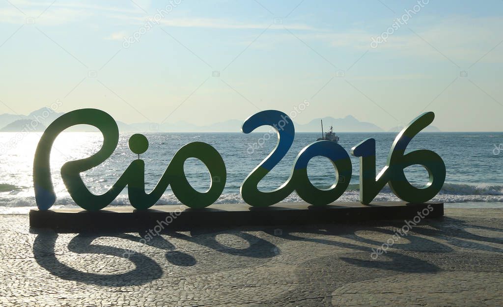 RIO DE JANEIRO, BRAZIL - AUGUST 6, 2016: Rio 2016 sign at Copacabana Beach in Rio de Janeiro