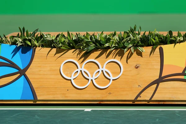 Medal podium during tennis women doubles final medal ceremony at the Maria Esther Bueno Court of the Rio 2016 Olympic Games at the Olympic Tennis Centre — Stock Photo, Image