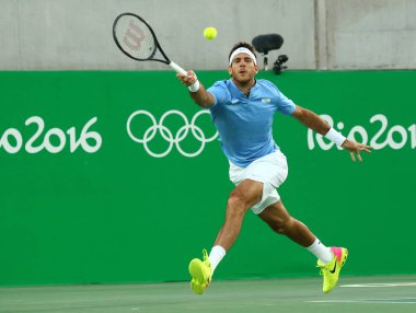 Grand Slam şampiyonu Juan Martin Del Potro Arjantin eylem sırasında onun erkekler tekler final maç Rio 2016 Olimpiyat Oyunları 