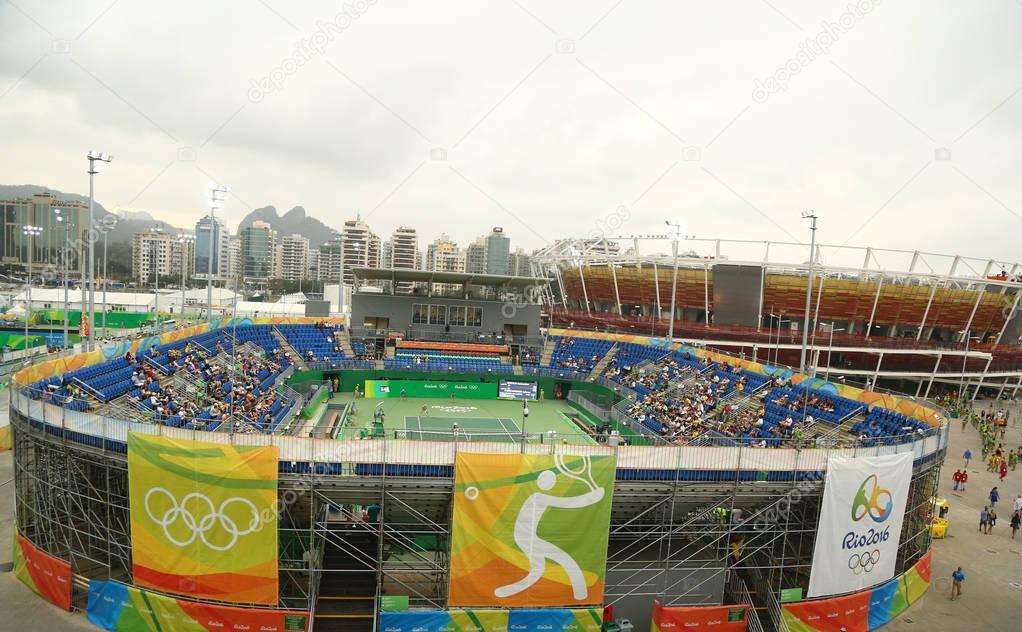 RIO DE JANEIRO, BRAZIL - AUGUST 7, 2016: Tennis Show Court 2 (front) and main tennis venue Maria Esther Bueno Court (back) of the Rio 2016 Olympic Games at the Olympic Tennis Centre