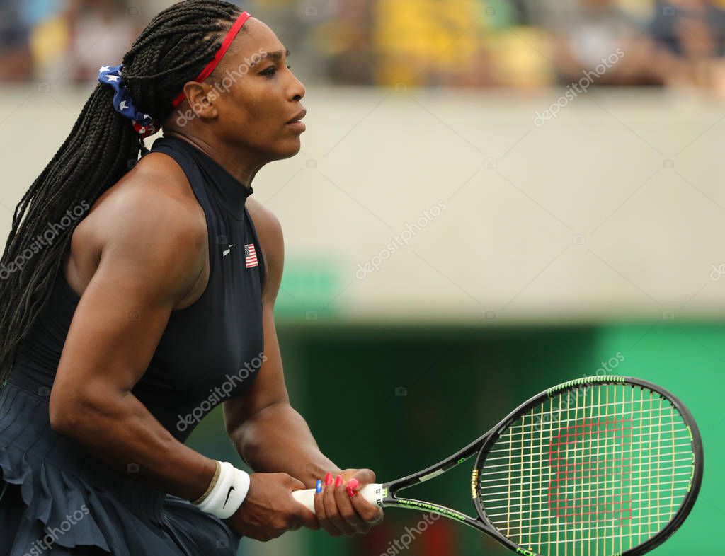 RIO DE JANEIRO, BRAZIL - AUGUST 7, 2016: Olympic champion Serena Williams of United States in action during singles first round match of the Rio 2016 Olympic Games at the Olympic Tennis Centre